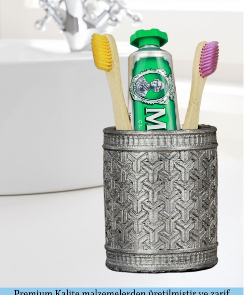 Diş Fırçalığı Tezgah Üstü Gümüş Eskitme Renk Diş Fırçası Standı Y Desenli Model